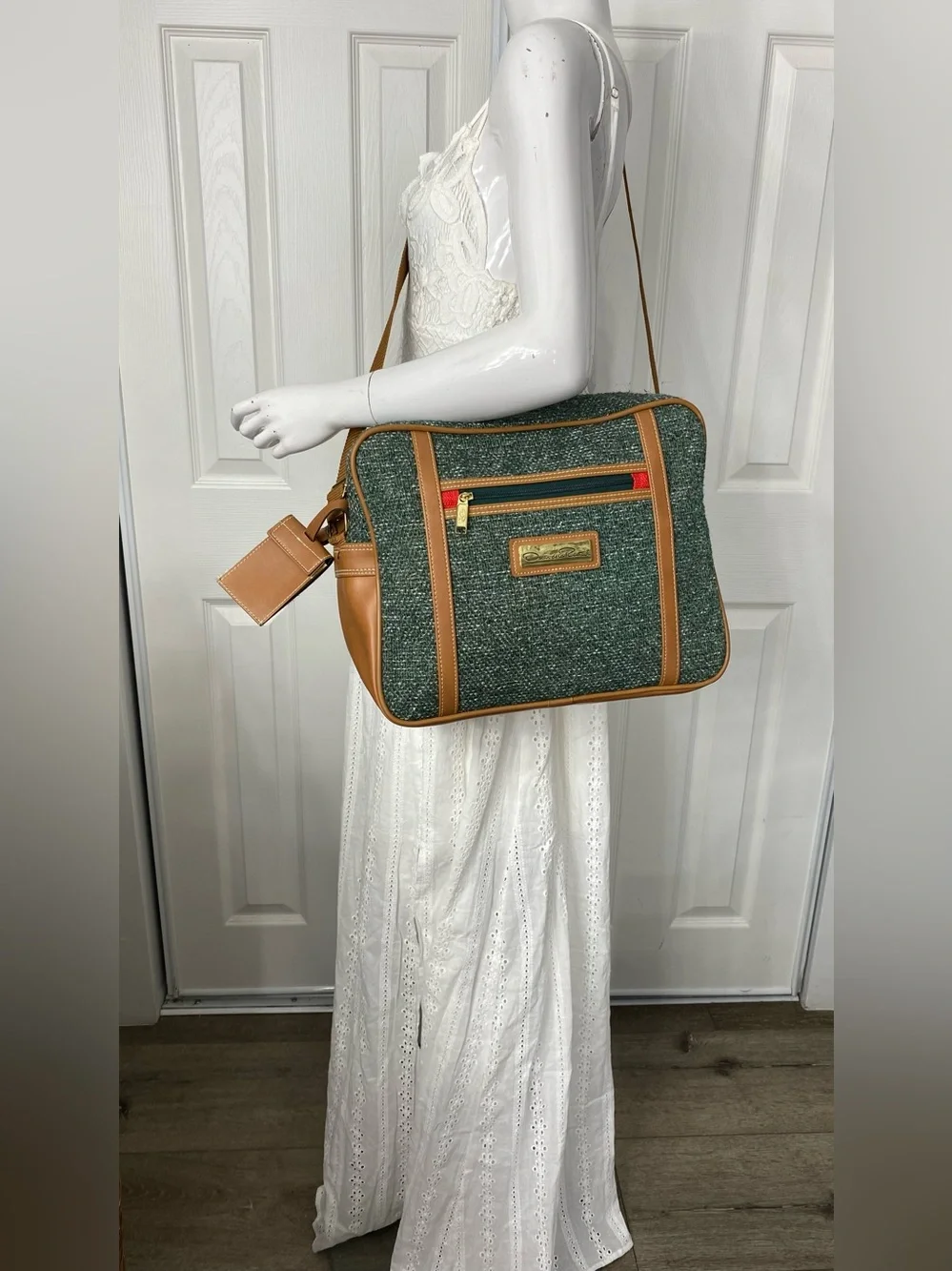 Oscar de la Renta Green Tweed Messenger with Tan Trim and Gold Hardware